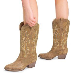 Brand New Women's Tan Faux Leather Chunky Heel Embroidery Stitched Western Boot